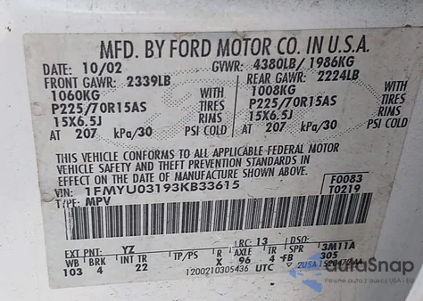 2003 Ford Escape Xlt from USA, damaged, VIN 1FMYU03193KB33615